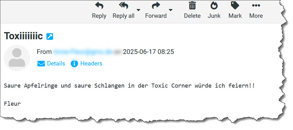 Saure Apfelringe und saure Schlangen in der Toxic Corner würde ich feiern!!
Fleur